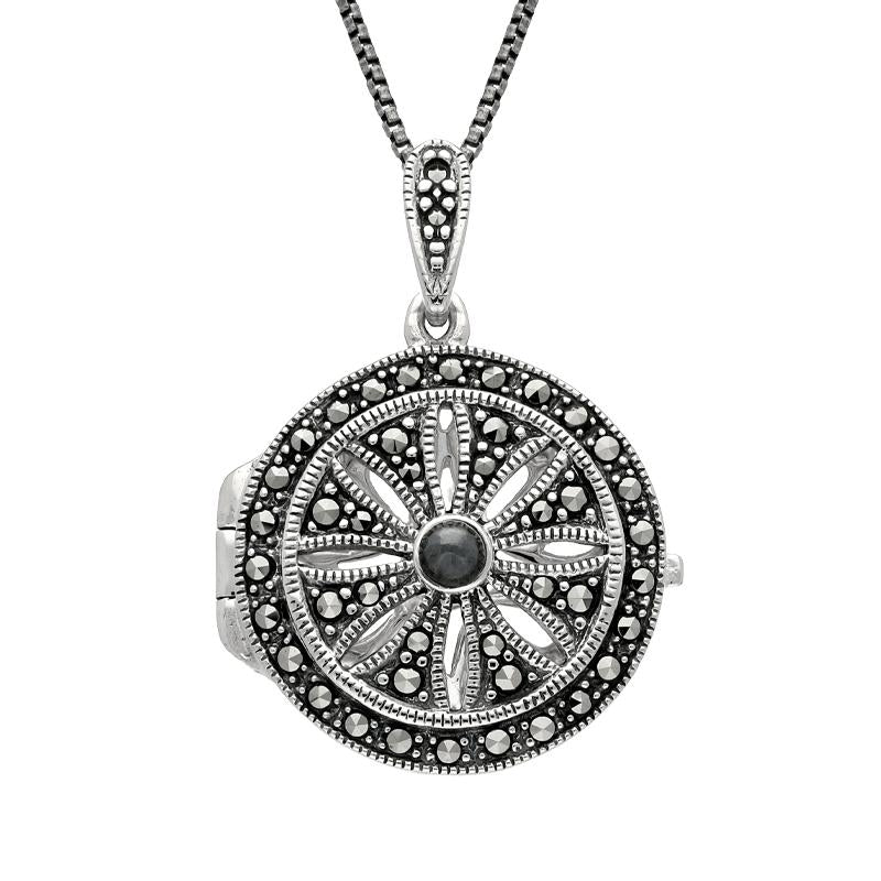 Sterling Silver Hematite Marcasite Arc Deco Circles Locket Necklace - Silver