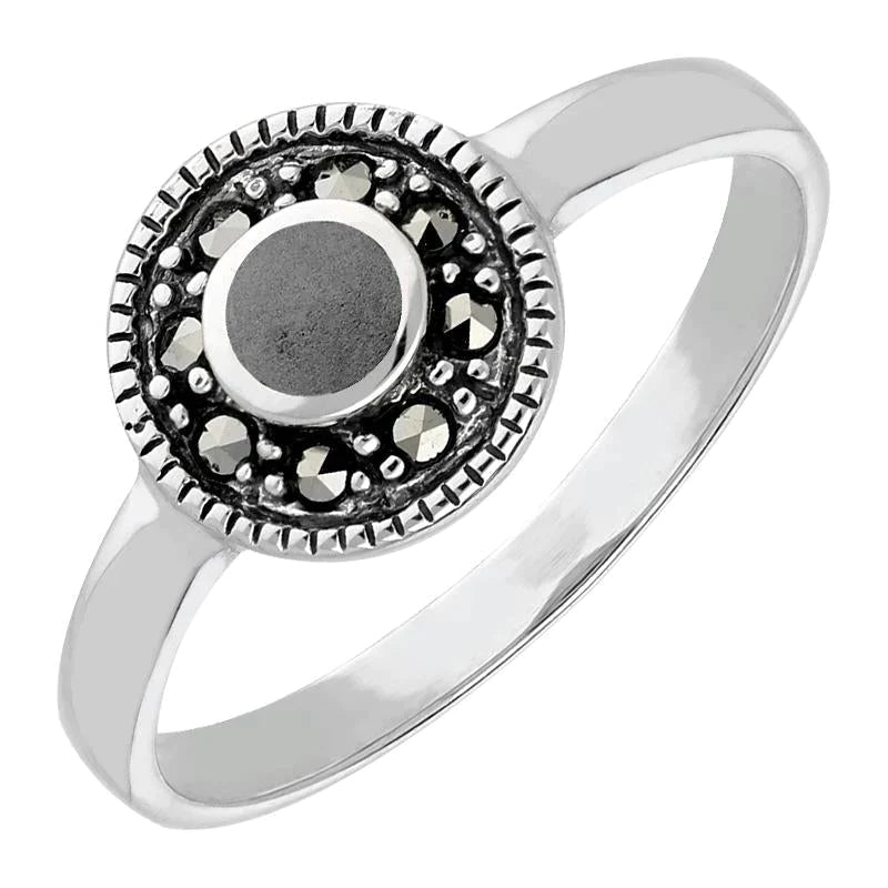 Sterling Silver Hematite Marcasite Beaded Edge Ring - Silver