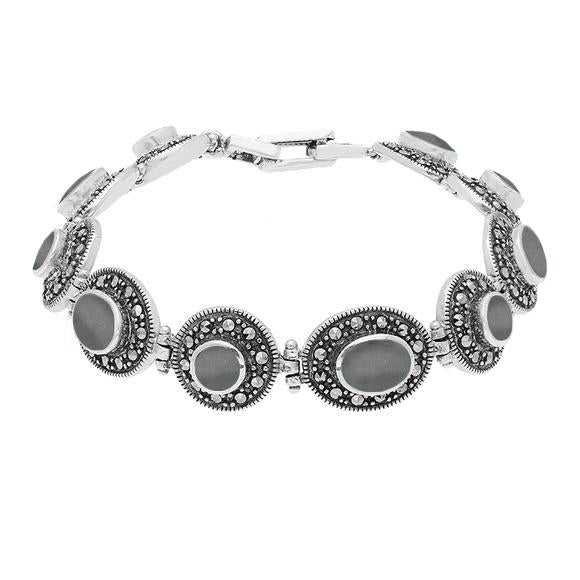 Sterling Silver Hematite Marcasite Oval Link Bracelet - Silver