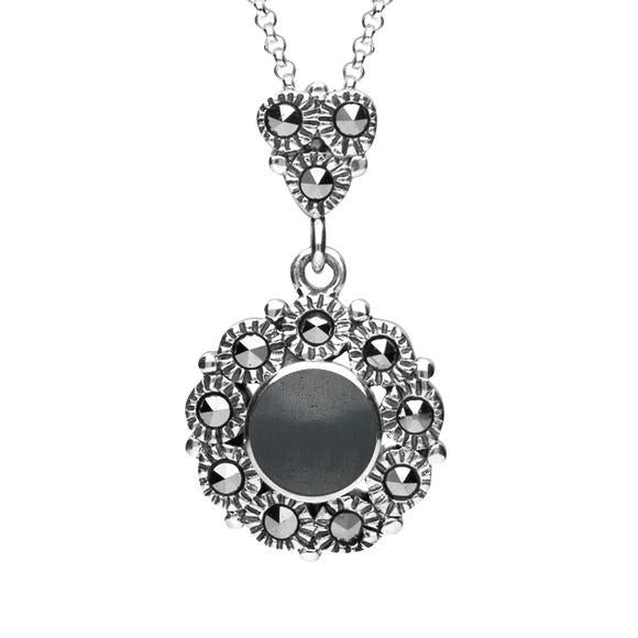 Sterling Silver Hematite Marcasite Round Beaded Drop Necklace - Silver