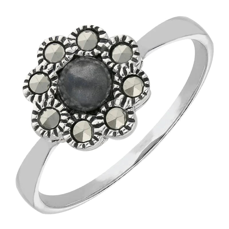 Sterling Silver Hematite Marcasite Round Beaded Edge Ring - Option1 Value Silver
