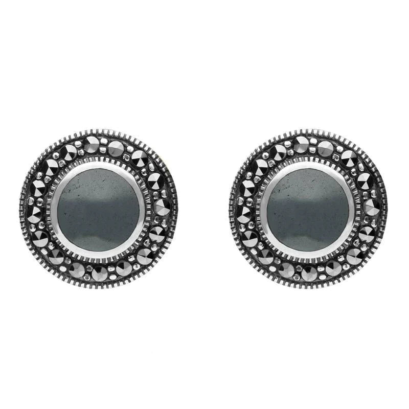 Sterling Silver Hematite Marcasite Round Beaded Edge Stud Earrings - Silver