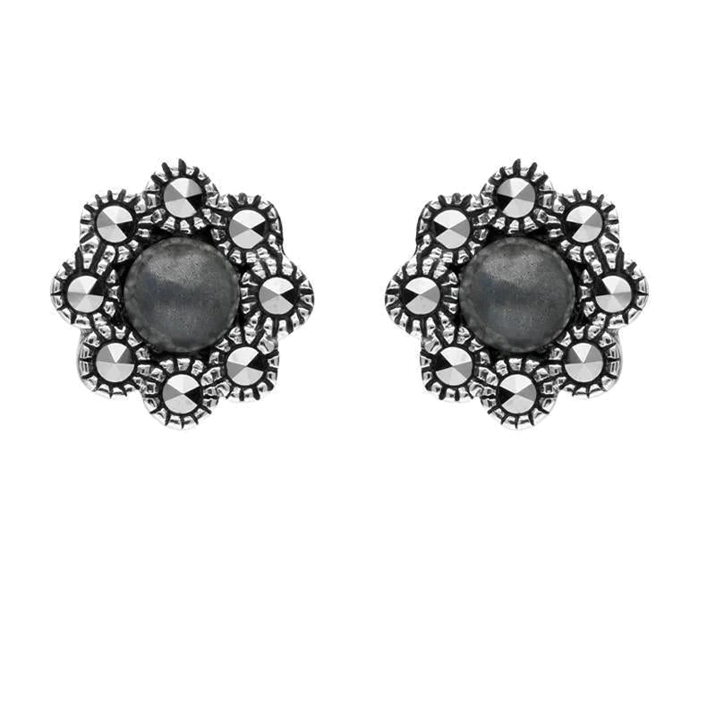 Sterling Silver Hematite Marcasite Round Edge Bead Stud Earrings - Silver