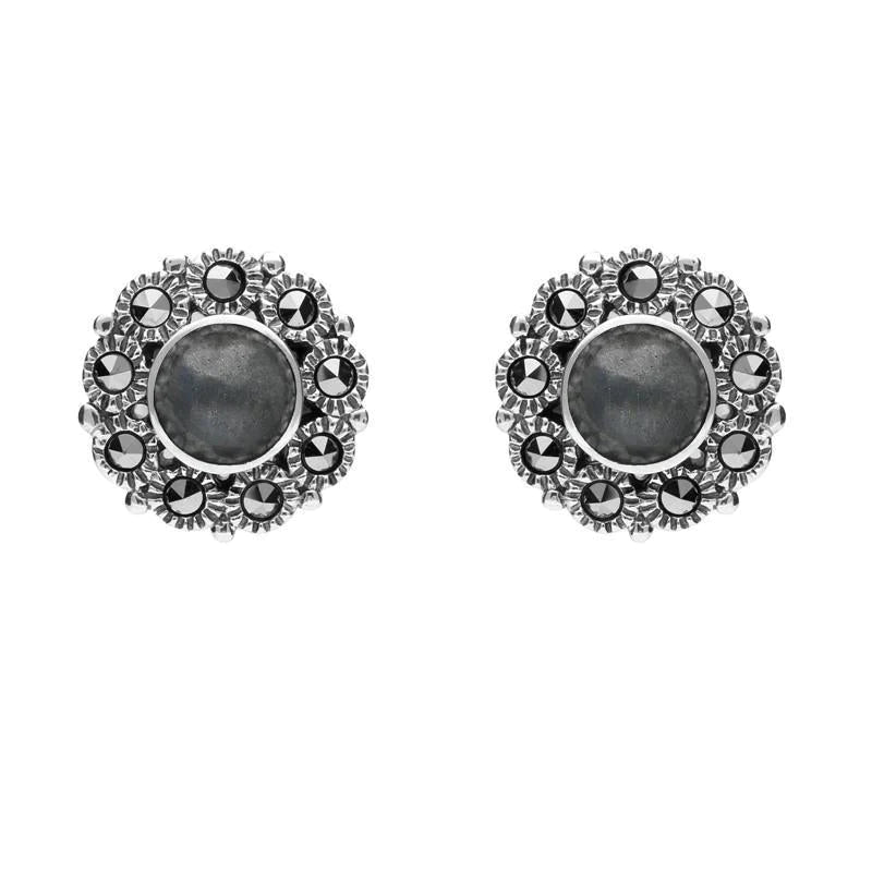Sterling Silver Hematite Marcasite Round Stud Earrings - Silver