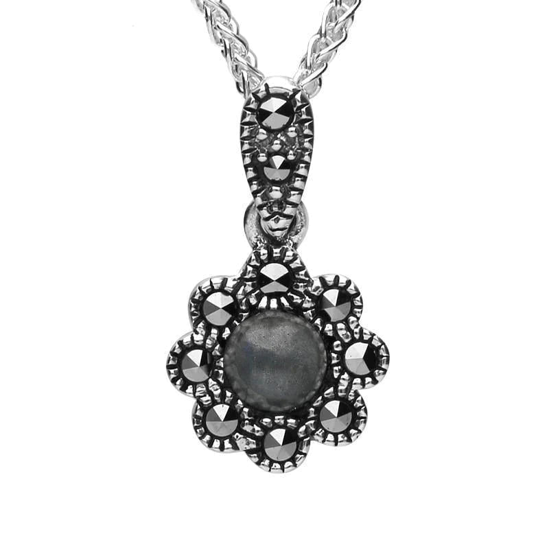 Sterling Silver Hematite Marcasite Rounded Bead Edge Necklace - Silver