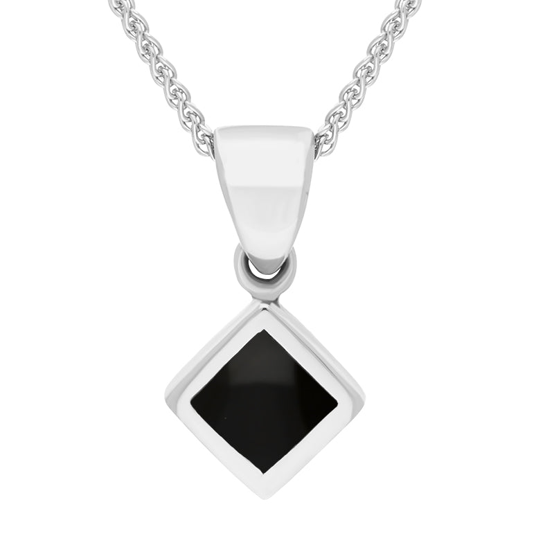 Sterling Silver Whitby Jet Dinky Square Necklace - Silver