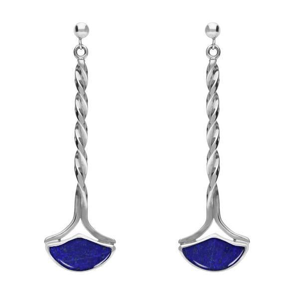 Sterling Silver Lapis Lazuli Drop Twist Fan Stud Earrings - Silver