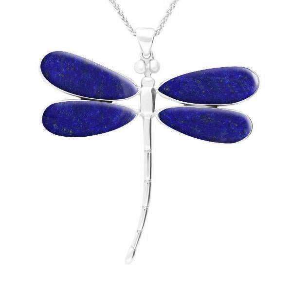 Sterling Silver Lapis Lazuli Four Stone Large Dragonfly Necklace - Silver