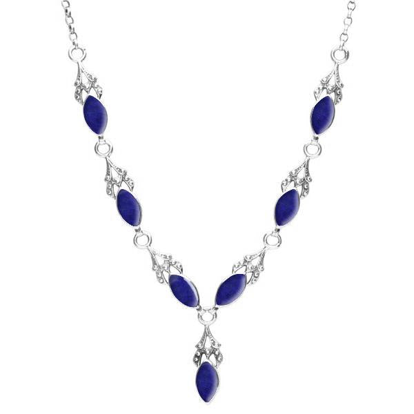Sterling Silver Lapis Lazuli Seven Stone Marquise Necklace - Silver