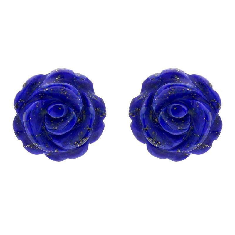 Sterling Silver Lapis Lazuli Tuberose 10mm Rose Stud Earrings - Silver
