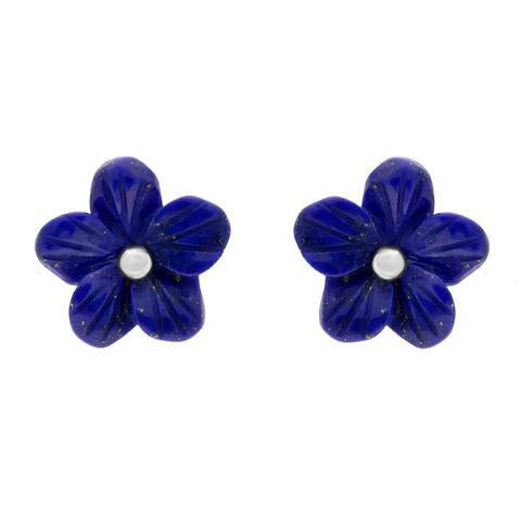 Sterling Silver Lapis Lazuli Tuberose 10mm Pansy Stud Earrings - Silver
