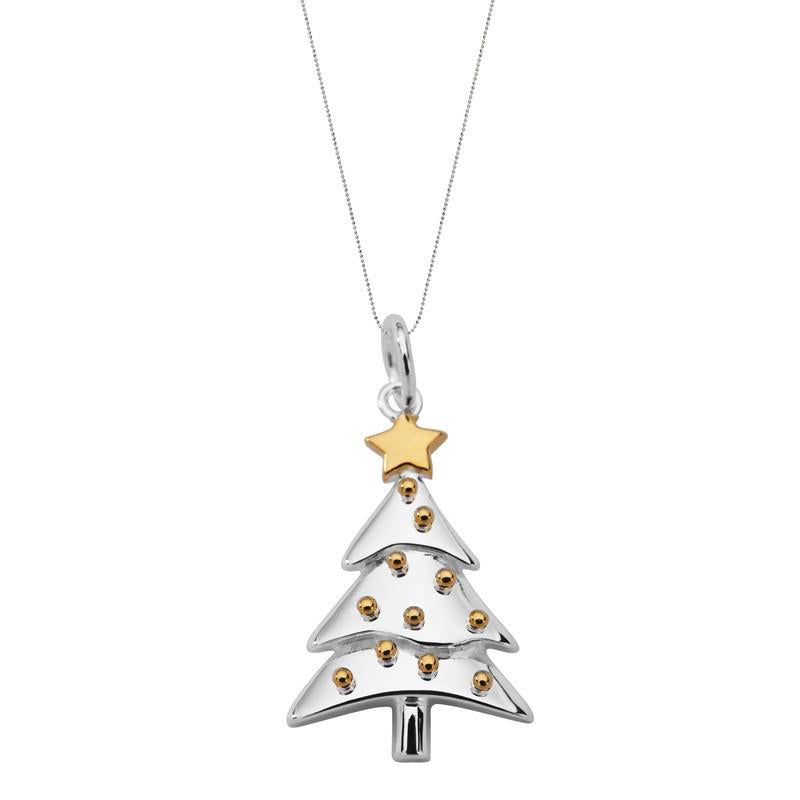 Sterling Silver Large Christmas Tree with Baubles Necklace - Option1 Value Yellow Gold