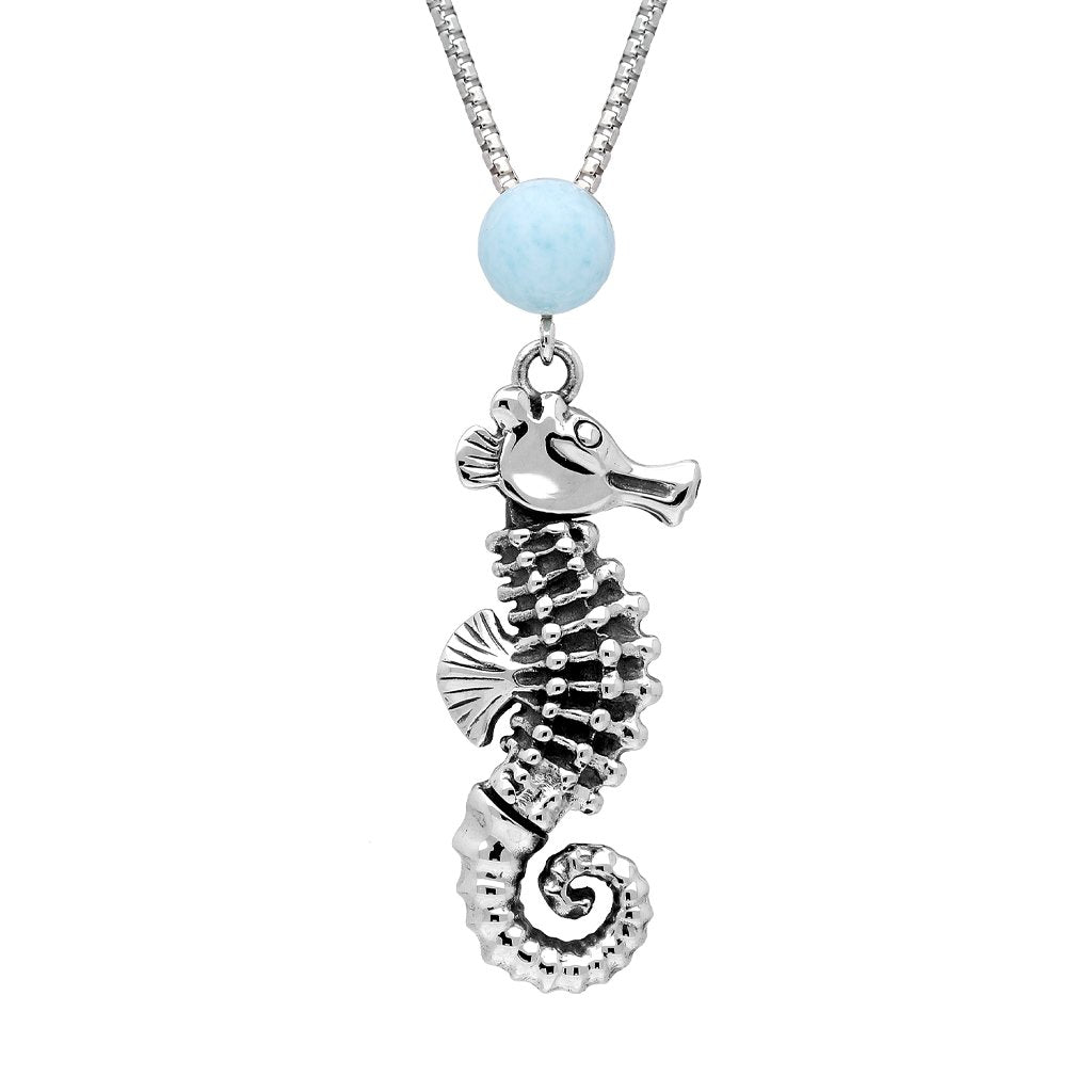 Sterling Silver Larimar Small Seahorse Stone Top Necklace - Option1 Value Silver