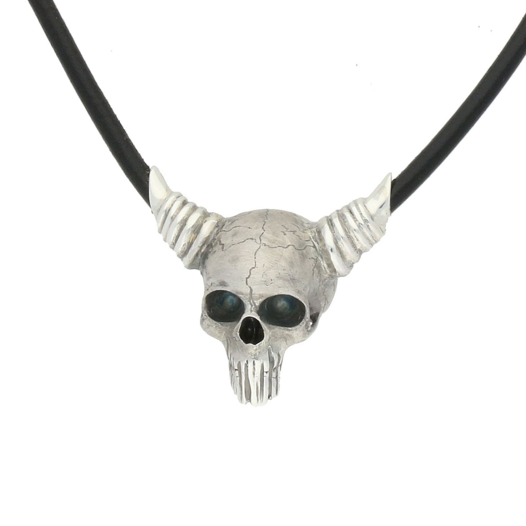 Sterling Silver Leather Horned Skull Necklace - Silver