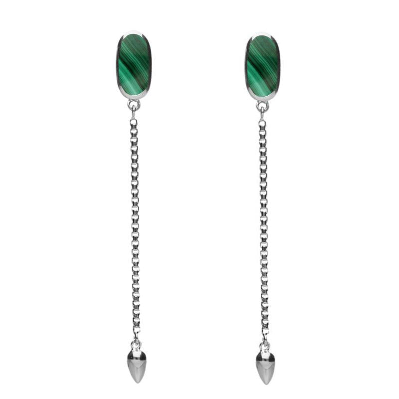 Sterling Silver Malachite Lineaire Long Drop Stud Earrings