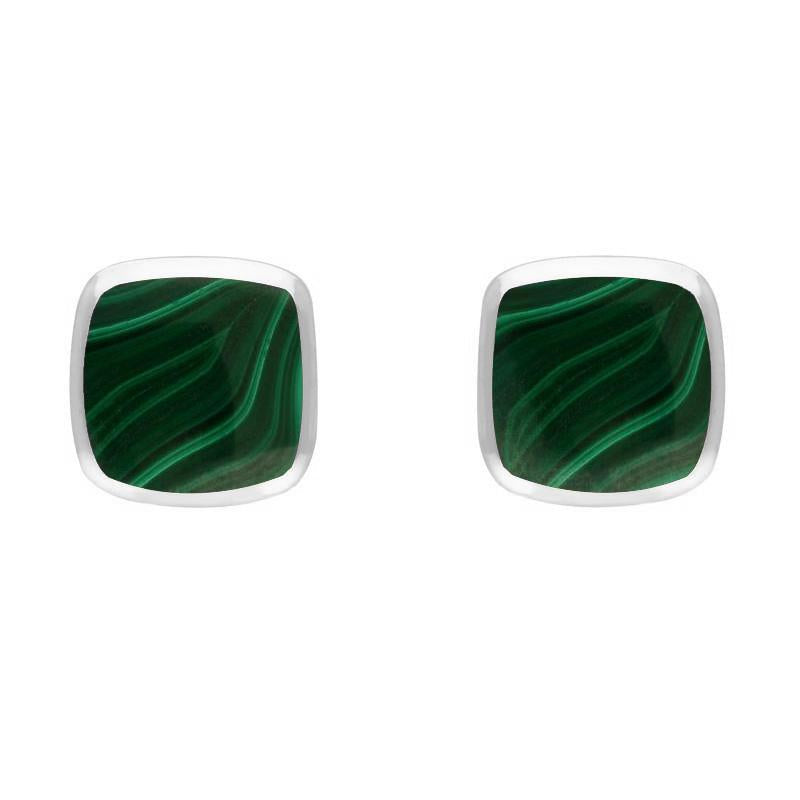 Sterling Silver Malachite Small Dinky Cushion Stud Earrings - Silver