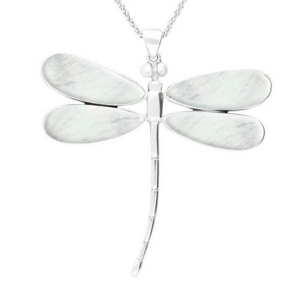 Sterling Silver Mother of Pearl Four Stone Large Dragonfly Necklace - Silver