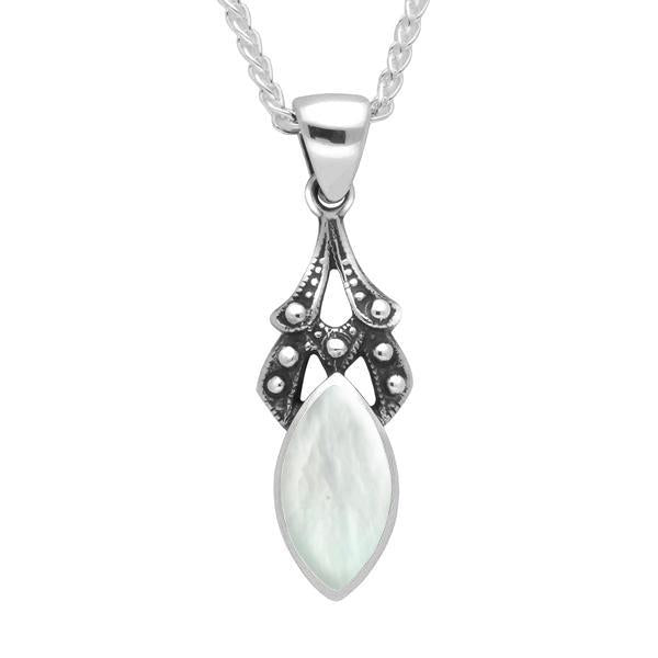 Sterling Silver Mother of Pearl Marquise Drop Necklace - Silver
