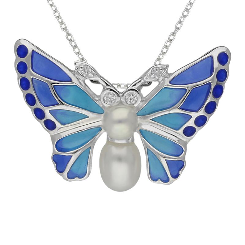 Sterling Silver Pearl Diamond Enamel House Style Blue Butterfly Necklace - Silver