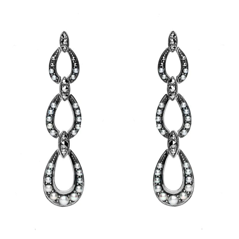 Sterling Silver Pearl and Marcasite Triple Open Oval Drop Earrings - Silver