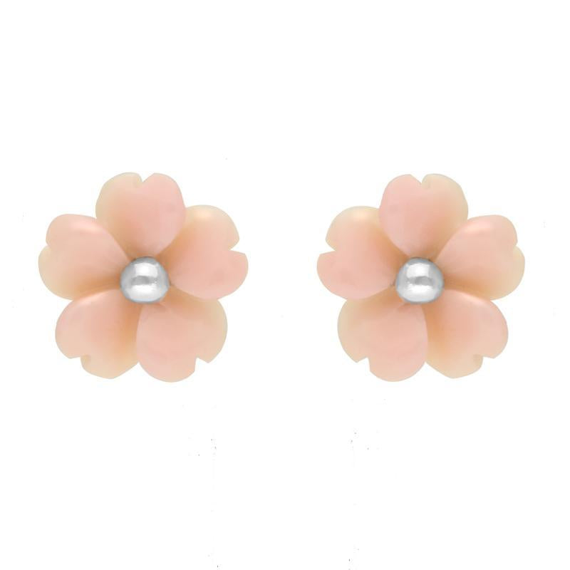 Sterling Silver Pink Conch Tuberose 8mm Gypsophila Stud Earrings - Silver