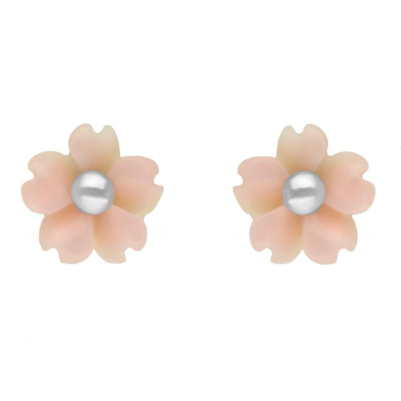 Sterling Silver Pink Conch Tuberose 6mm Gypsophila Stud Earrings - Silver
