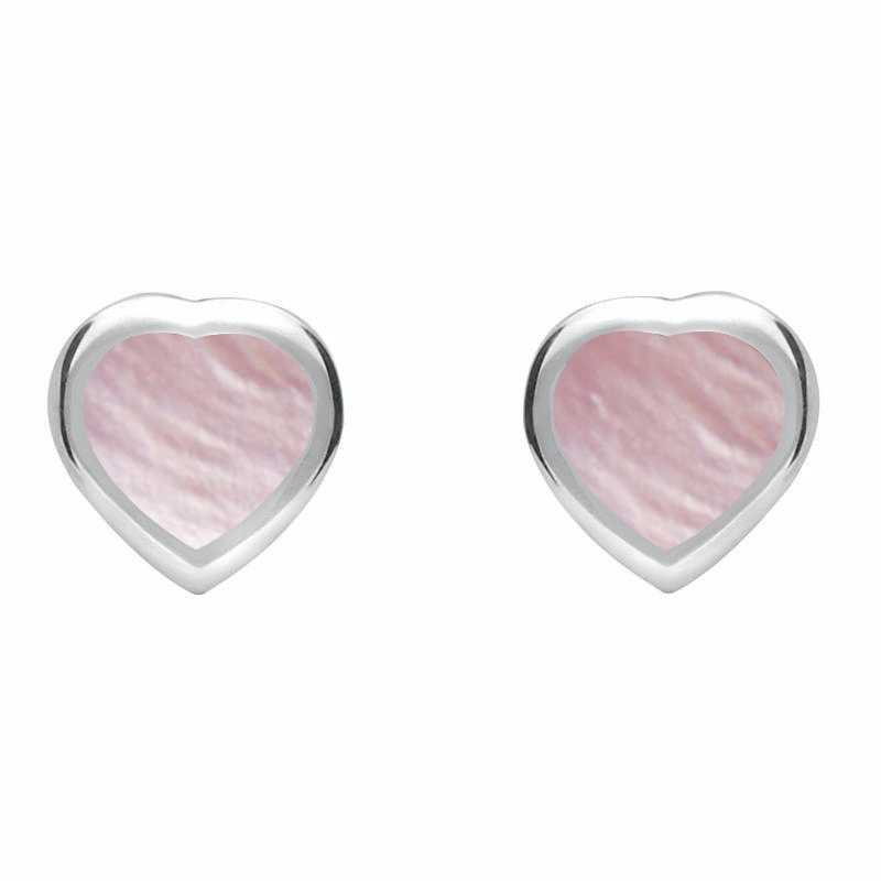 Sterling Silver Pink Mother of Pearl Small Framed Heart Stud Earrings - Silver