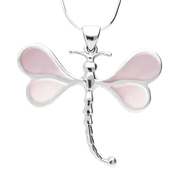 Sterling Silver Pink Mother of Pearl Four Stone Dragonfly Necklace