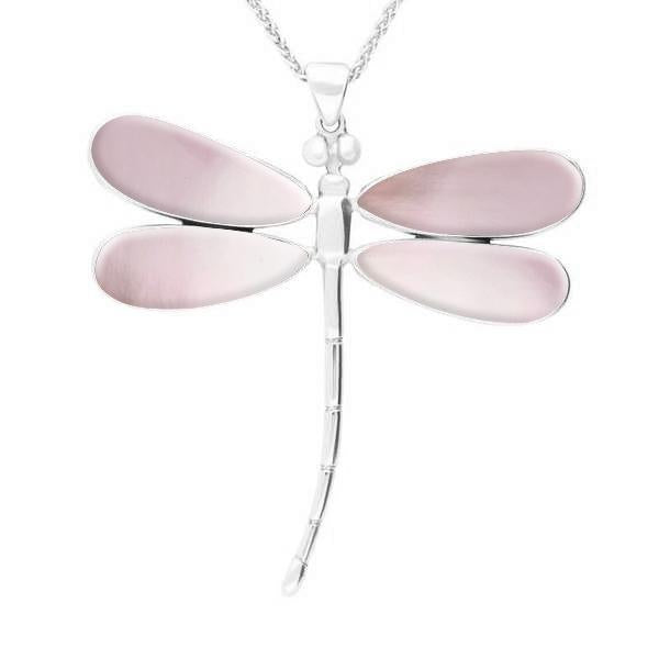 Sterling Silver Pink Mother of Pearl Four Stone Large Dragonfly Necklace - Silver