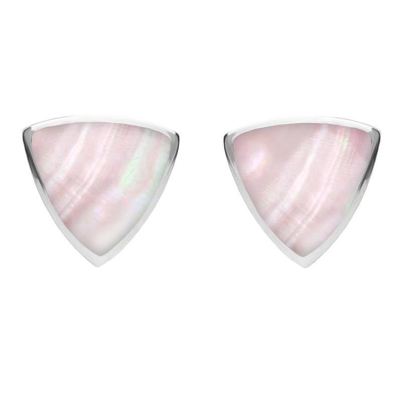 Sterling Silver Pink Mother of Pearl Large Curved Triangle Stud Earrings - Silver