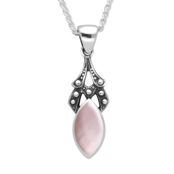 Sterling Silver Pink Mother of Pearl Marquise Drop Necklace - Silver