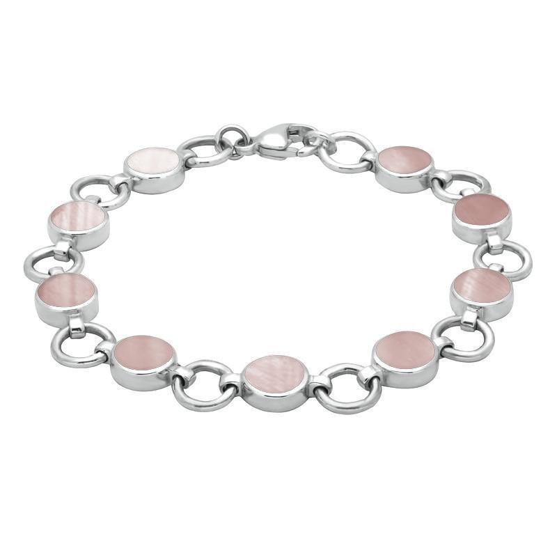 Sterling Silver Pink Mother of Pearl Nine Stone Round Ring Bracelet - Silver