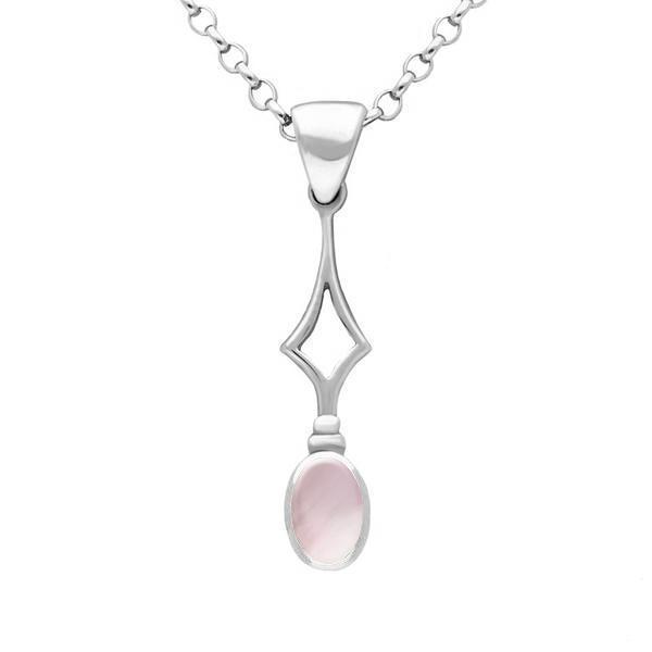 Sterling Silver Pink Mother of Pearl Oval Drop Necklace - Silver