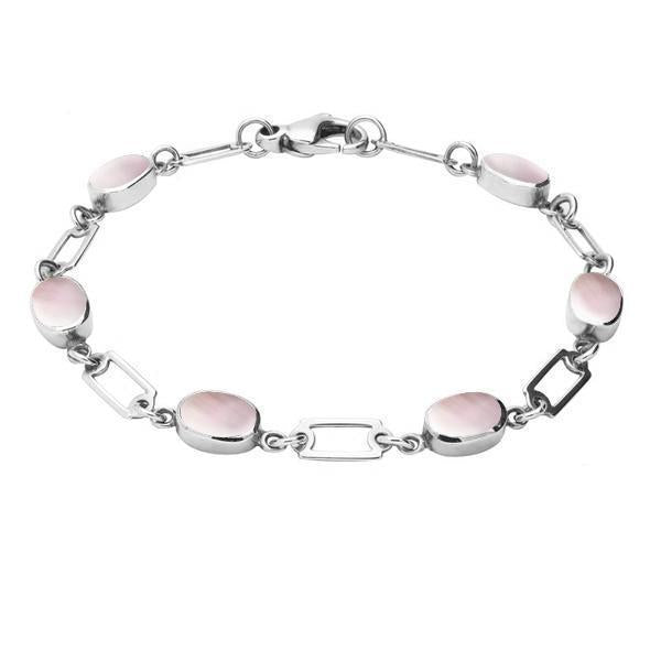 Sterling Silver Pink Mother of Pearl Oval Linked Bracelet - Silver