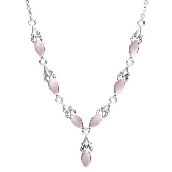 Sterling Silver Pink Mother of Pearl Seven Stone Marquise Necklace - Silver