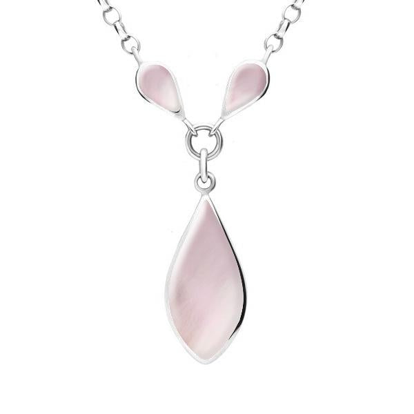 Sterling Silver Pink Mother of Pearl Three Stone Pear Necklace - Silver
