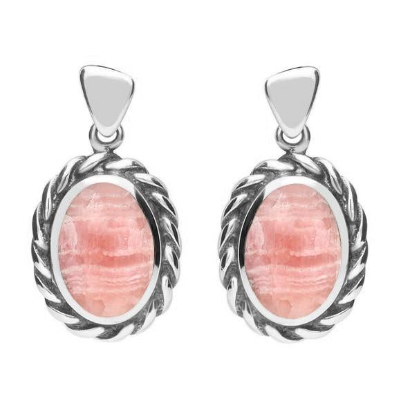 Sterling Silver Rhodochrosite Oval Rope Edge Earrings - Silver