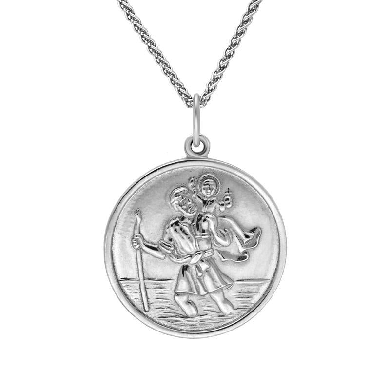 Sterling Silver Round Saint Christopher Large Necklace - Silver