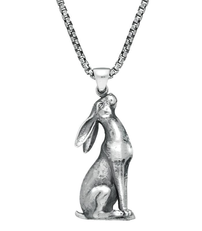Sterling Silver Large Moon Gazing Hare Necklace - Silver