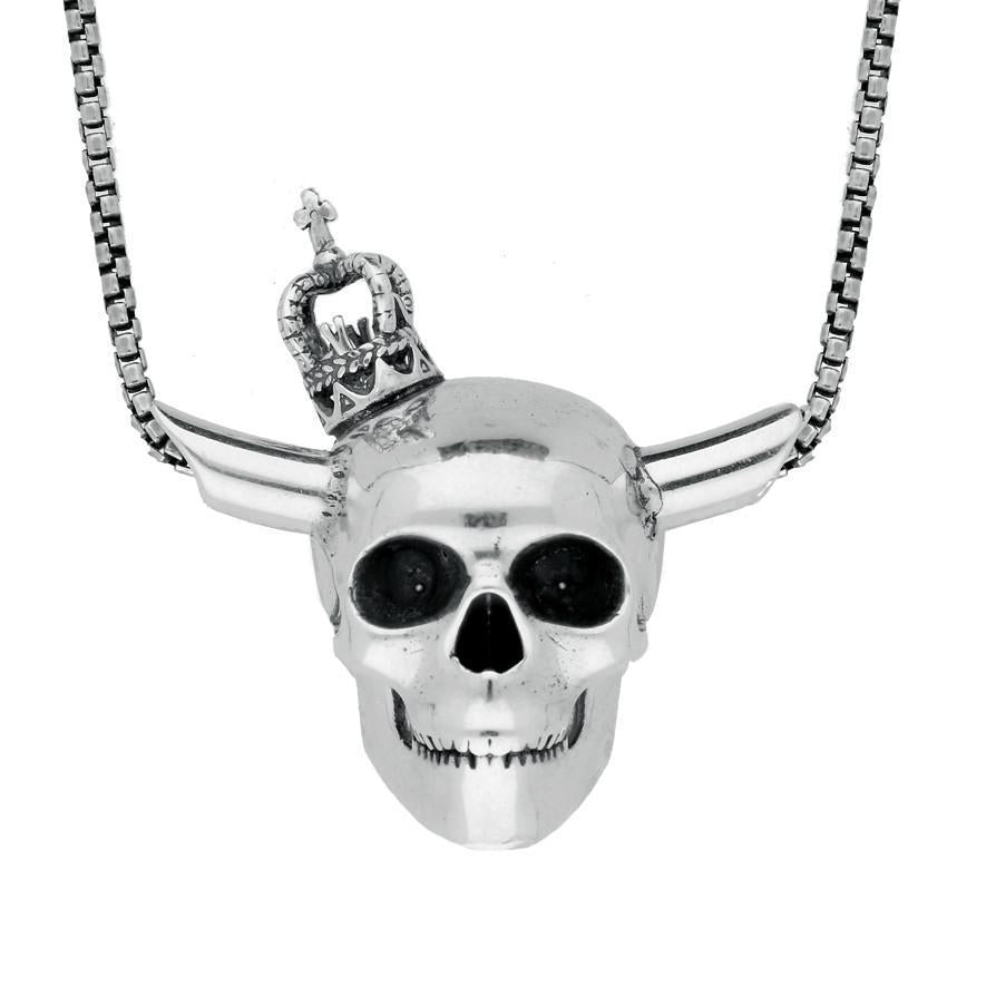 Sterling Silver Skull Horns Crown Necklace - Silver