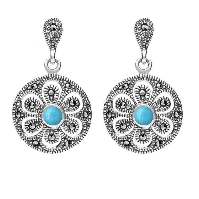 Sterling Silver Turquoise Art Deco Floral Marcasite Drop Earrings - Silver