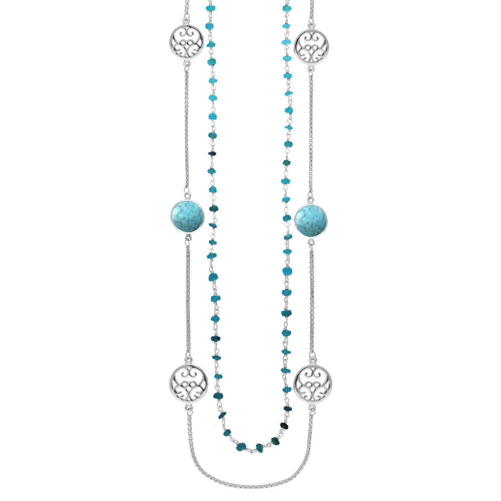 Sterling Silver Turquoise Flore Filigree Double Row Necklace