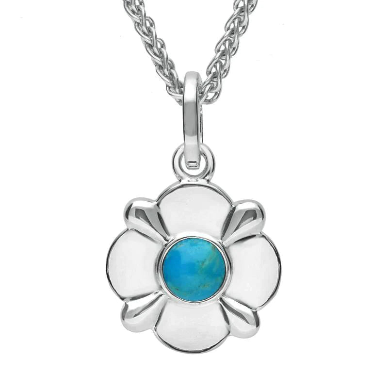 Sterling Silver Turquoise Four Petal Flower Necklace - Silver