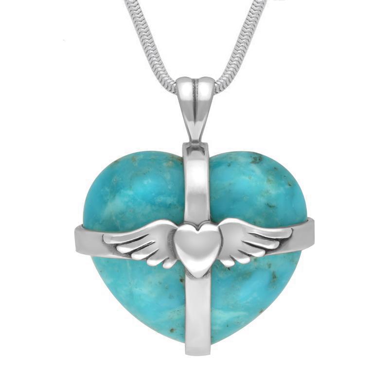 Sterling Silver Turquoise Large Winged Cross Heart Necklace - Silver