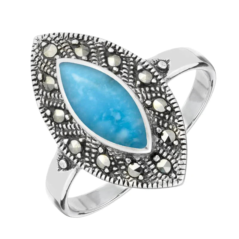 Sterling Silver Turquoise Marcasite Beaded Edge Marquise Ring - Silver