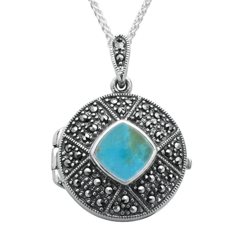 Sterling Silver Turquoise Marcasite Cushion Patterned Locket - Silver