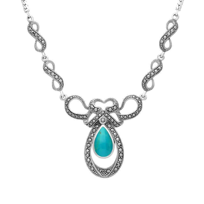 Sterling Silver Turquoise Marcasite Drop Bow Twist Necklace - Silver