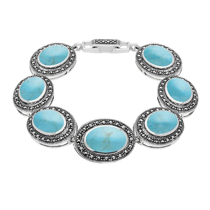 Sterling Silver Turquoise Marcasite Framed Oval Bracelet - Silver