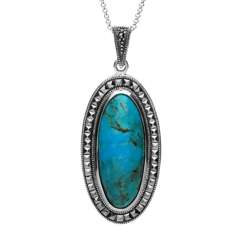Sterling Silver Turquoise Marcasite Long Oval Bead Edge Necklace - Silver