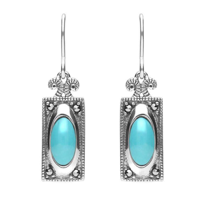 Sterling Silver Turquoise Marcasite Oval Oblong Drop Hook Earrings - Option1 Value Silver